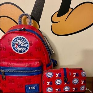 NEW loungefly NBA Philadelphia 76ers logo mini backpack w/matching wallet